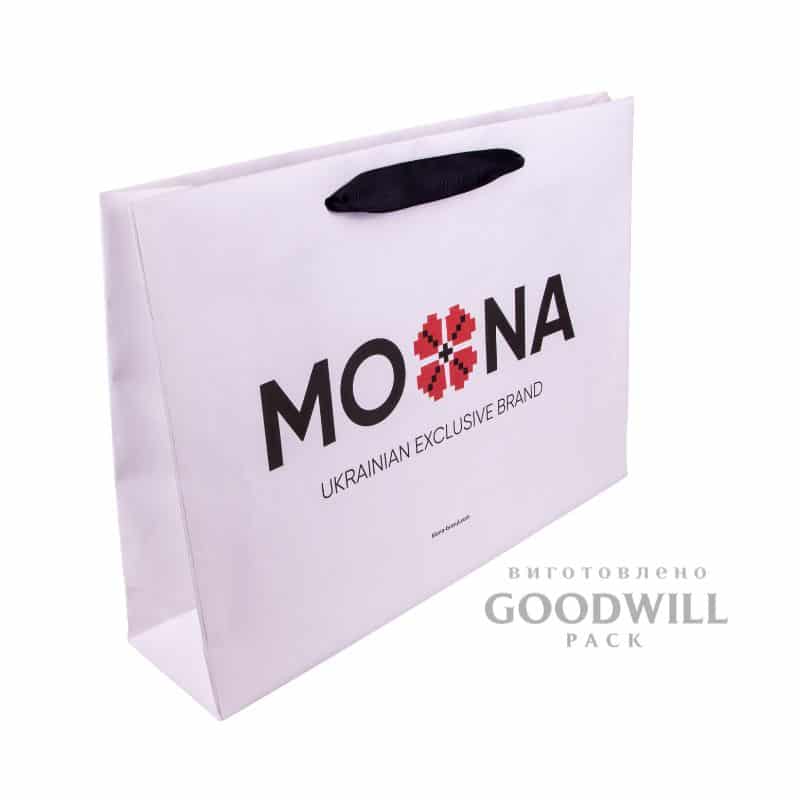 Пакет з білого крафту з репсовими ручками для одягу фото1